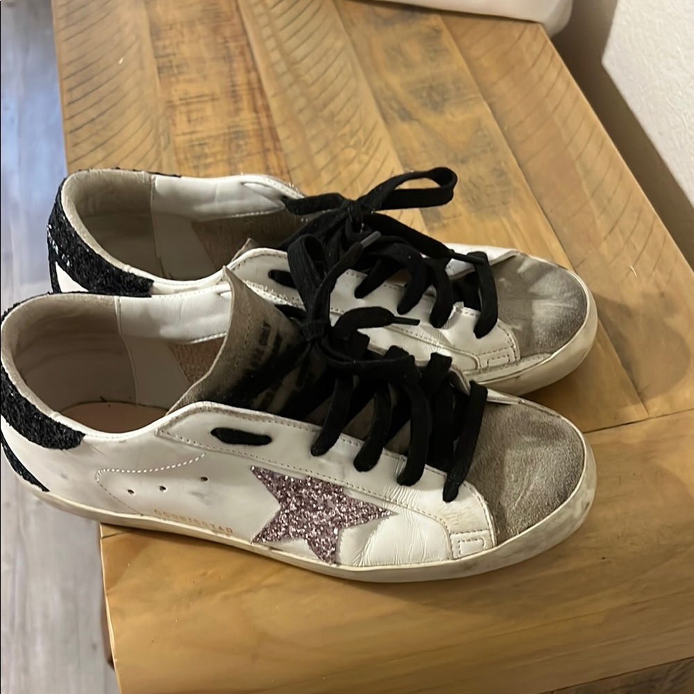 White and Black Sneakers with Pink Glitter Star golden goose worn with socks